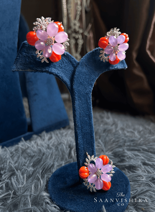 Jaipur Natural Beads Pendant set with Invisible Chain (Violet and Orange)
