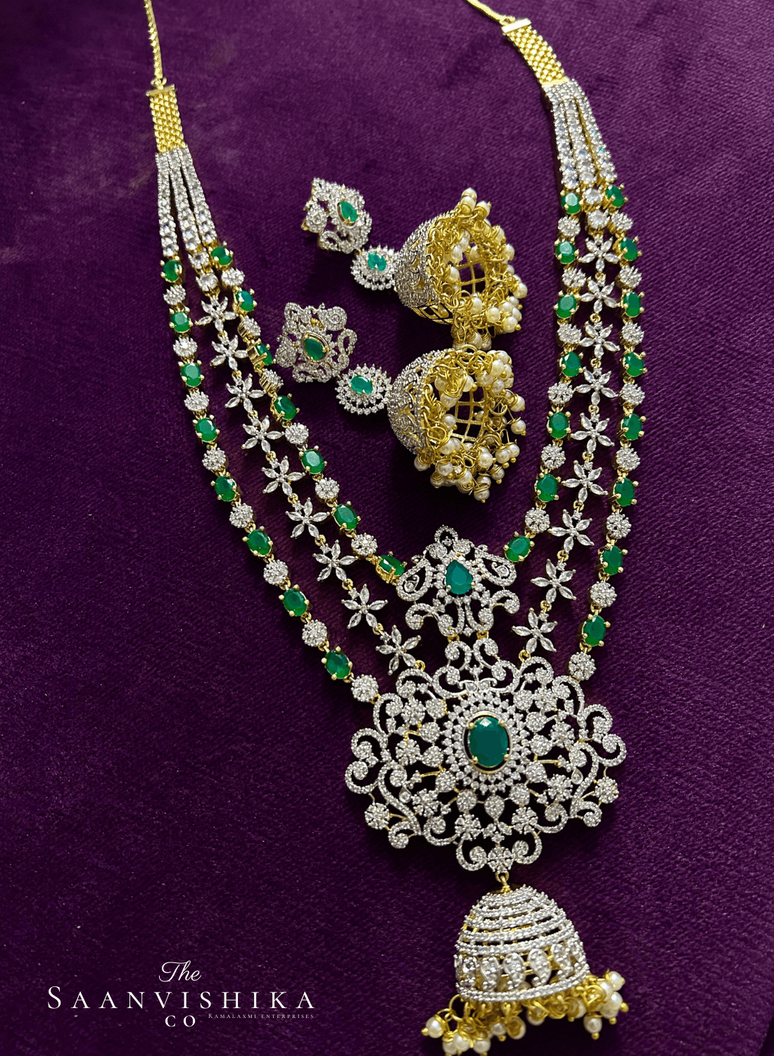 Jhumki Flower Pendant Grand Diamond Necklace with Earrings Green
