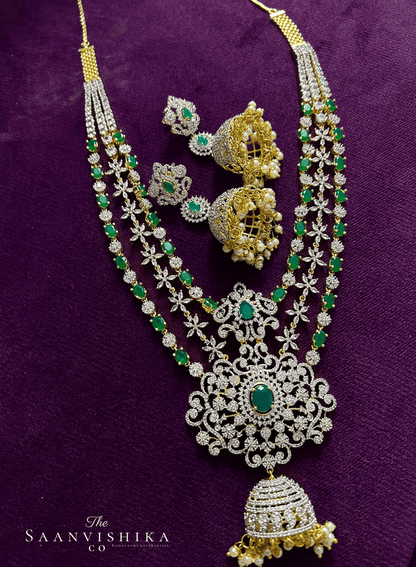 Jhumki Flower Pendant Grand Diamond Necklace with Earrings Green