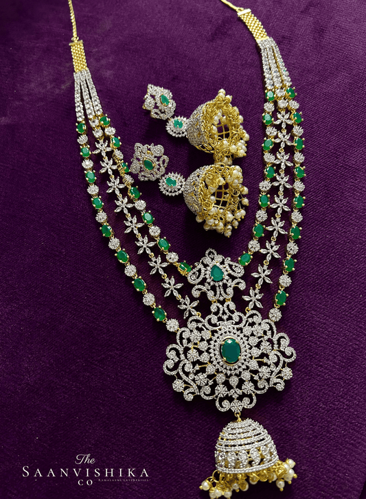 Jhumki Flower Pendant Grand Diamond Necklace with Earrings Green
