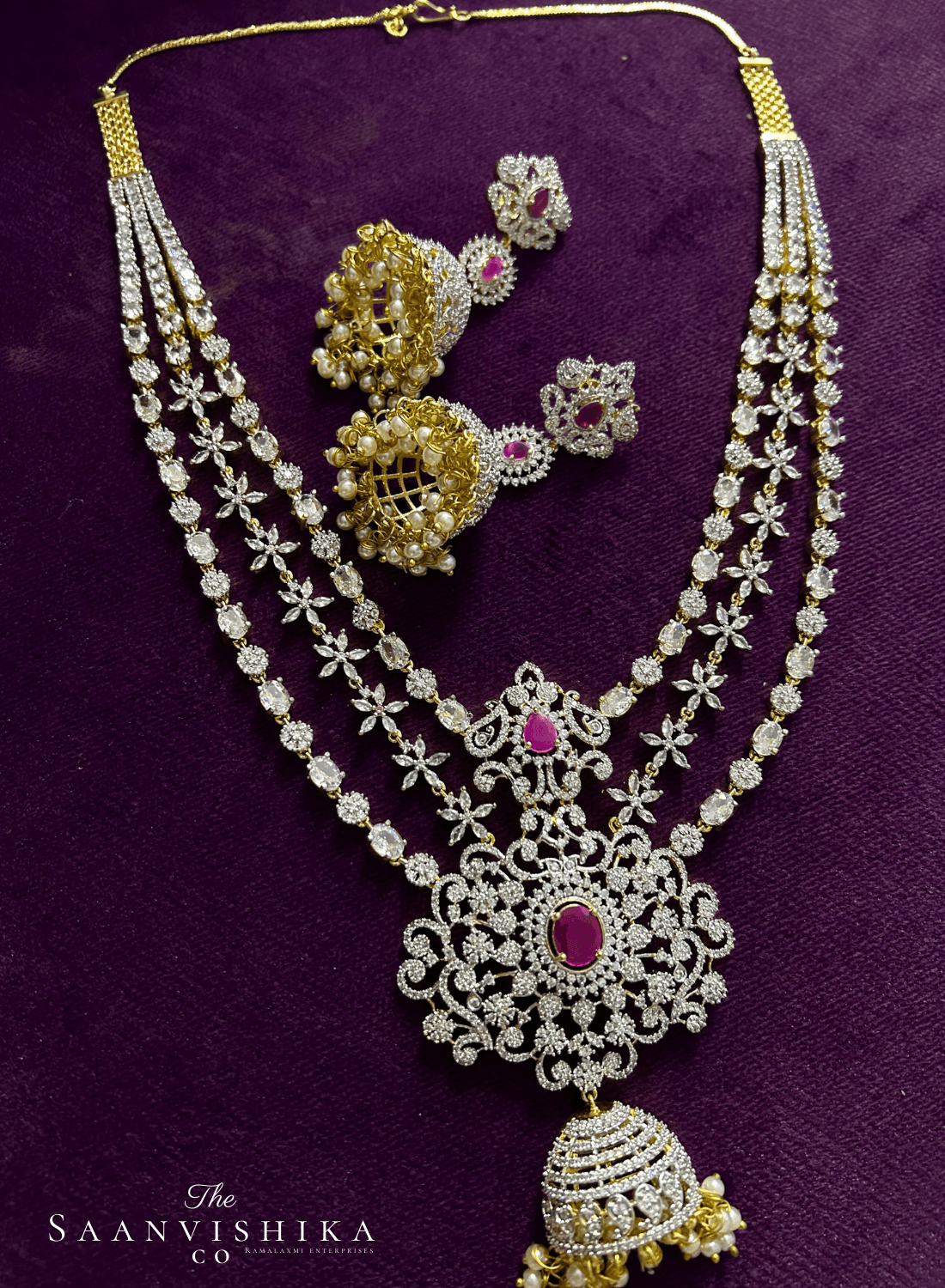 Jhumki Flower Pendant Grand Diamond Necklace with Earrings Red