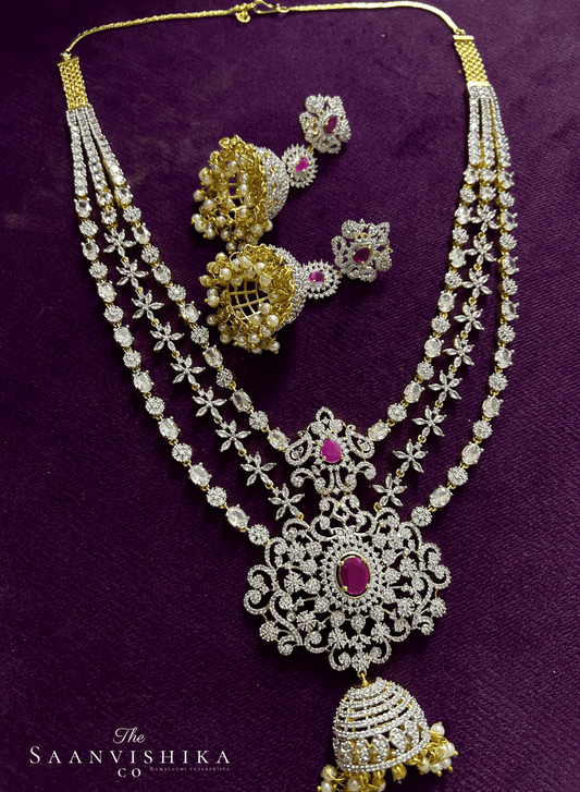 Jhumki Flower Pendant Grand Diamond Necklace with Earrings Red