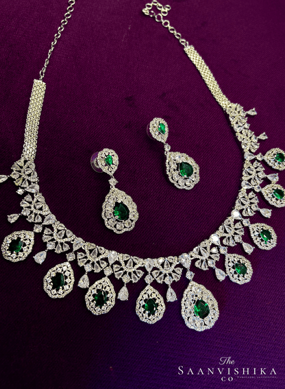 Hexagonal Droplet Diamond Necklace with Earrings Green