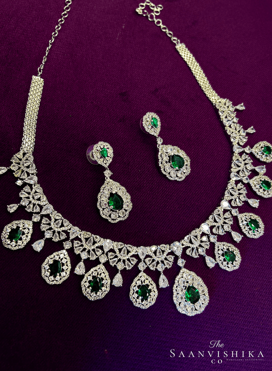 Hexagonal Droplet Diamond Necklace with Earrings Green