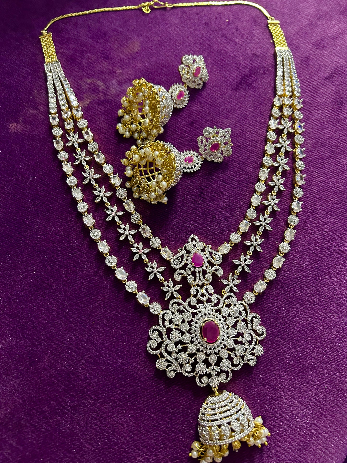 Jhumki Flower Pendant Grand Diamond Necklace with Earrings Red