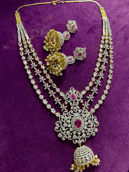 Jhumki Flower Pendant Grand Diamond Necklace with Earrings Red