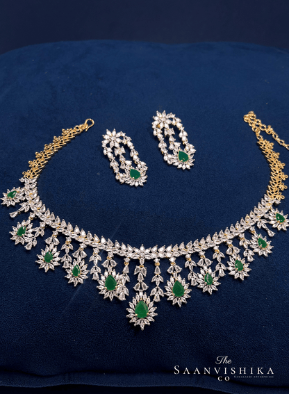 Modern Droplet Diamond Necklace with Earrings Green