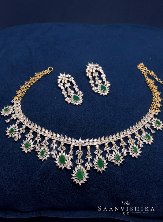 Modern Droplet Diamond Necklace with Earrings Green