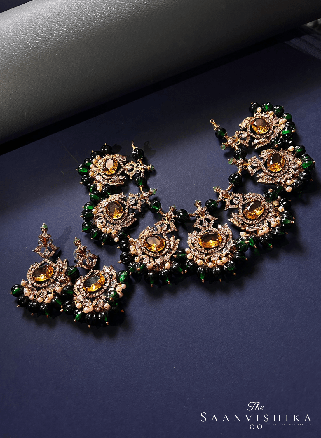 Grand Victorian Orange Beads with Emerald Necklace and Earrings