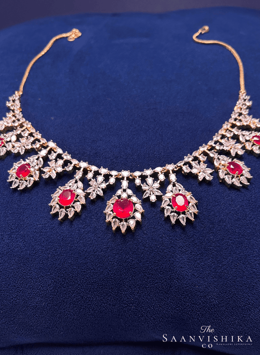 Hexagonal Gem Diamond Necklace with Earrings Red with Earrings