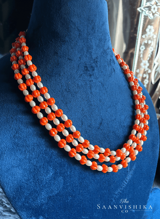 3 Line Pumpkin Beaded Mala (Orange and white)