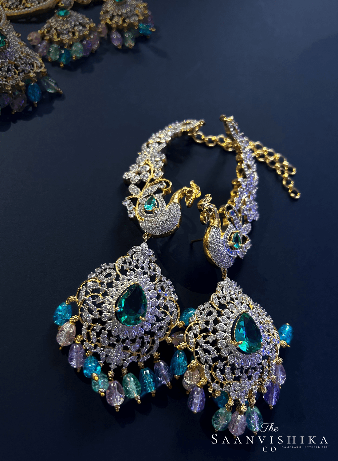 Grand Peacock Diamond Gemstone Necklace with Earrings