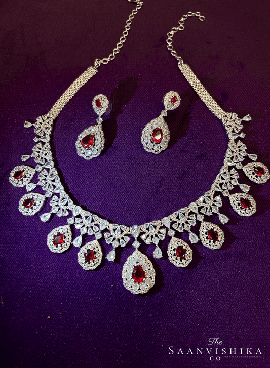Hexagonal Droplet Diamond Necklace with Earrings Red