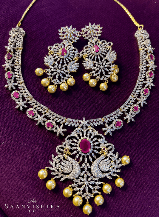 Double Swan Pearl Necklace Ruby Red