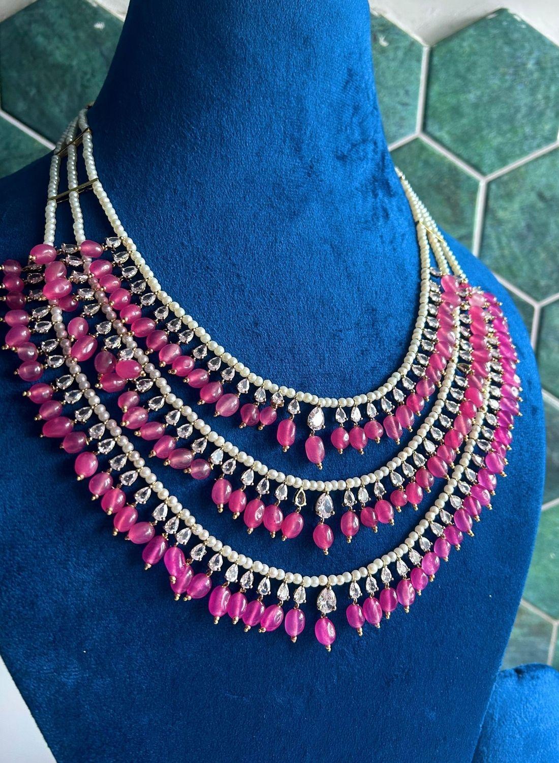 3 Line CZ Diamonds Pink Beads Mala