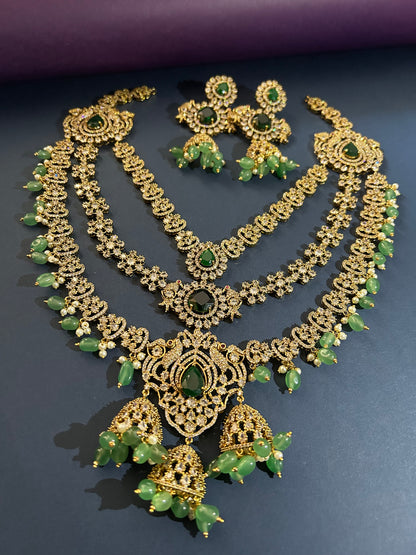 Triple Gemstone Green Beads Diamond Necklace Green