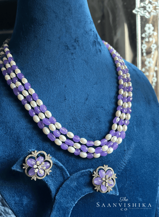 3 Line Beaded Mala (Violet and white) with Floral studs