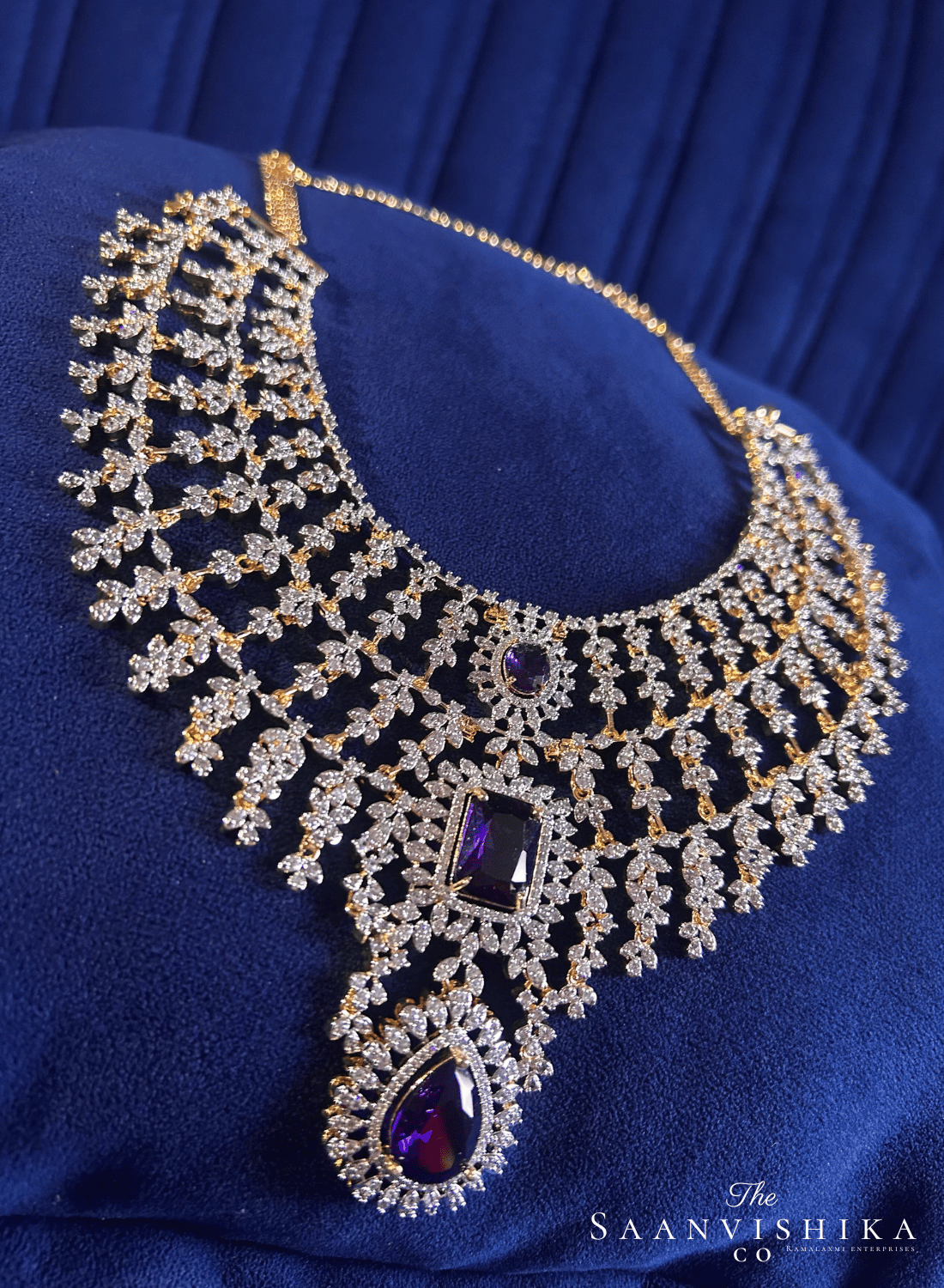 Bridal Triple Gemstone CZ Diamond Necklace Set (Violet)