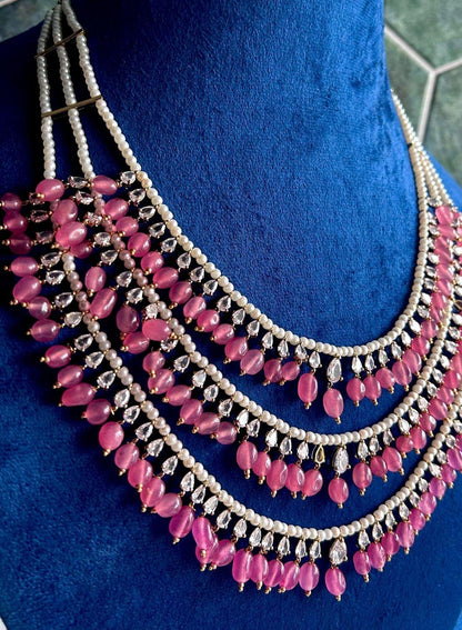 3 Line CZ Diamonds Pink Beads Mala
