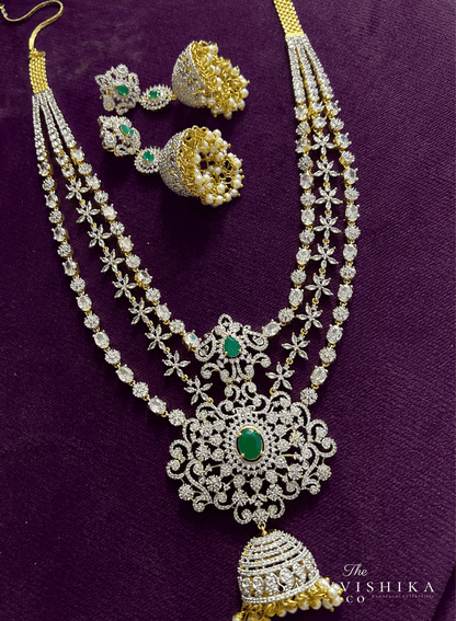 Jhumki Flower Pendant Grand Diamond Necklace with Earrings Green(Clear Stone)