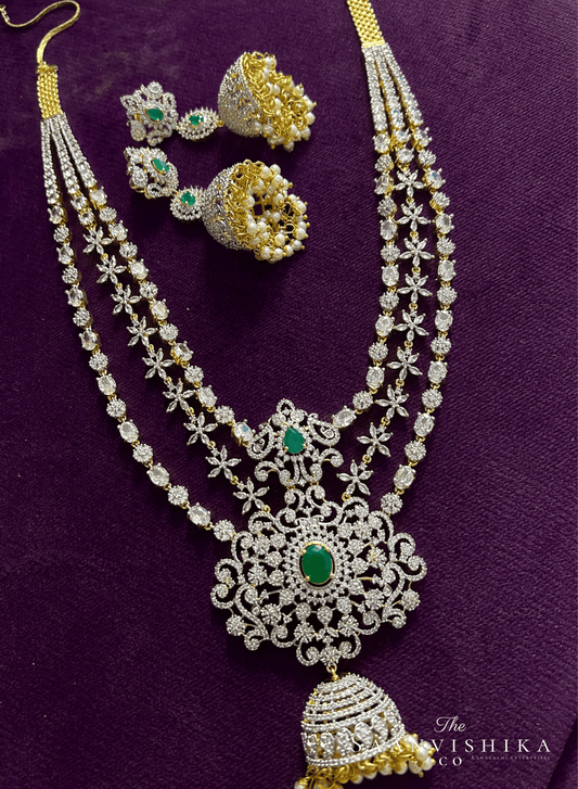 Jhumki Flower Pendant Grand Diamond Necklace with Earrings Green(Clear Stone)