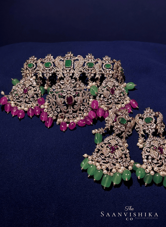 Victorian Parrot Choker With Pendant Set (Pink Beads)