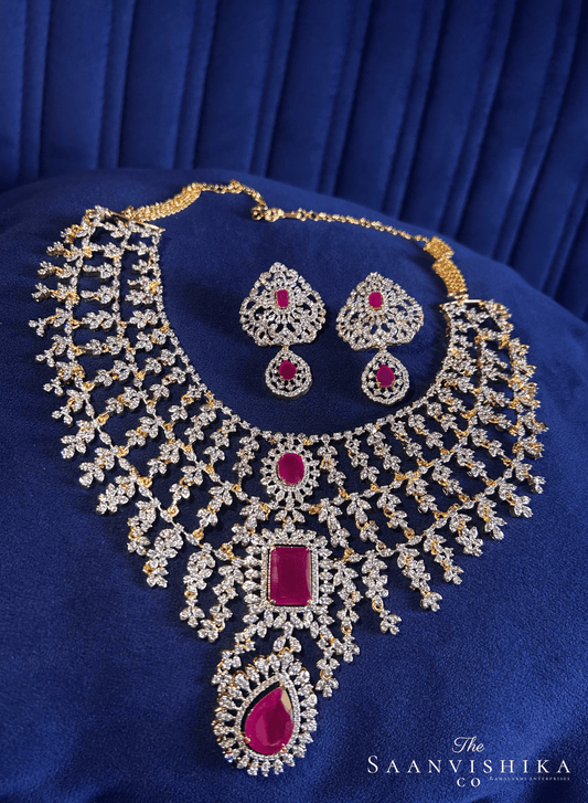 Bridal Triple Gemstone CZ Diamond Necklace Set (Red)