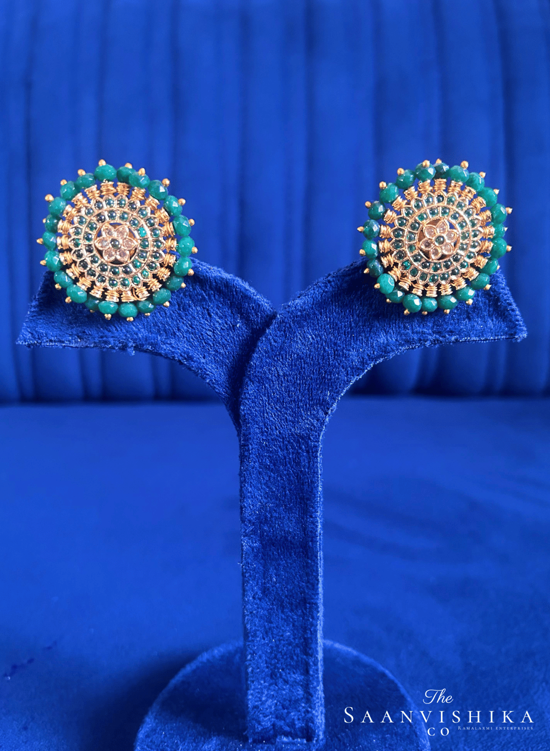 Dark Green Beads Gold Stud Earrings