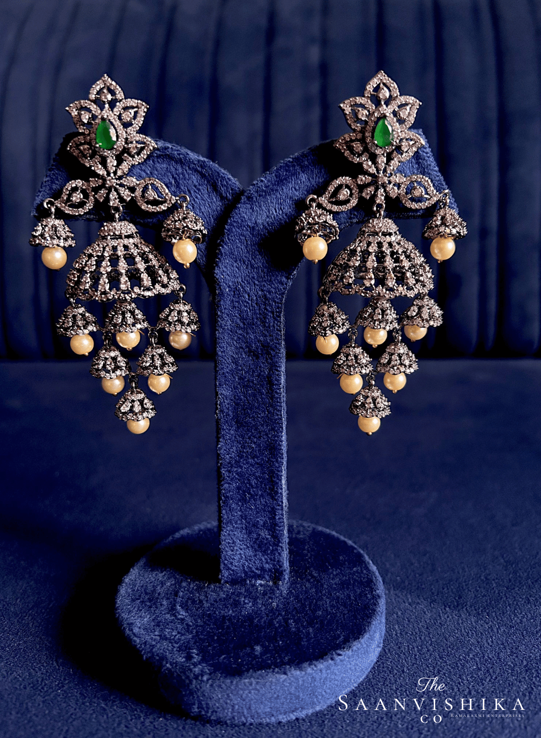 Black Victorian Bridal Pearl Jhumka (Green)