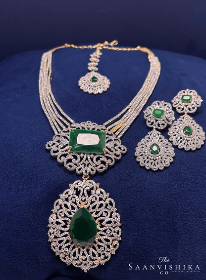 Luxurious Designer Uncut Large Emerald Stone Diamond Replica Haram Set