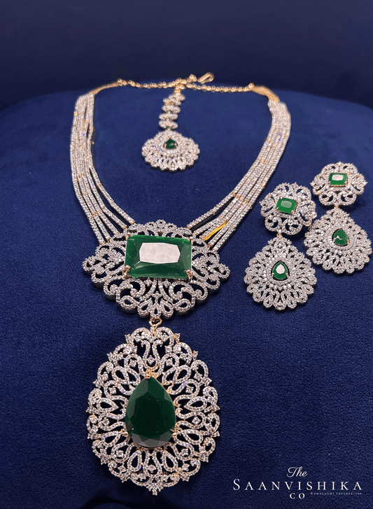 Luxurious Designer Uncut Large Emerald Stone Diamond Replica Haram Set