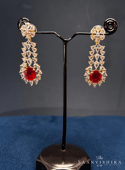 Hexagonal Gem Diamond Necklace with Earrings Red with Earrings