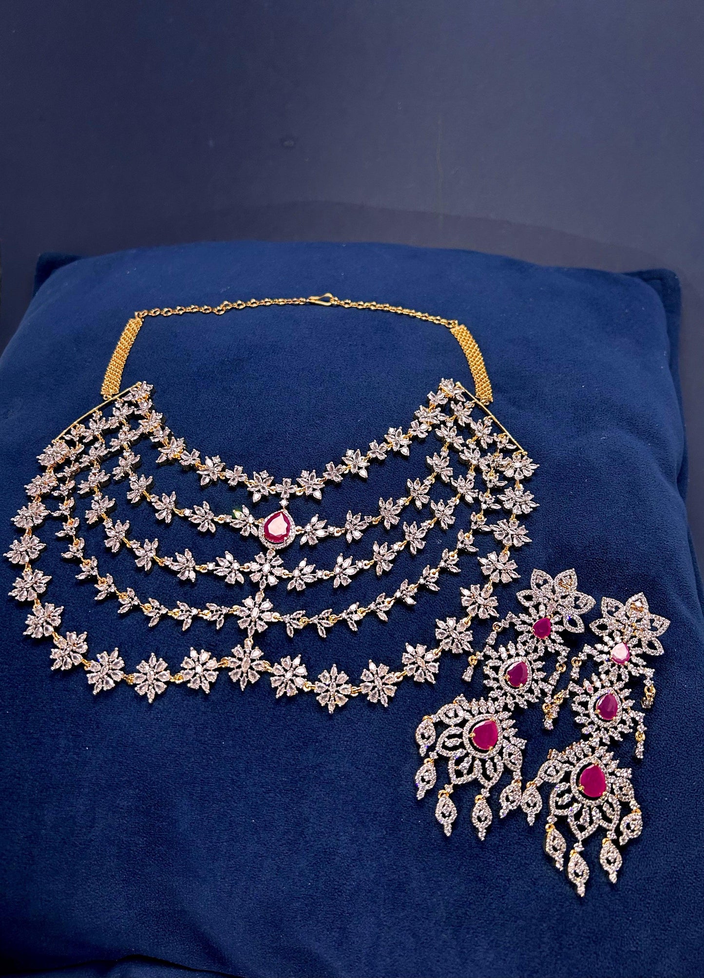 5 Layer Red Diamond Heavy Necklace with Earrings (GJ Polish)