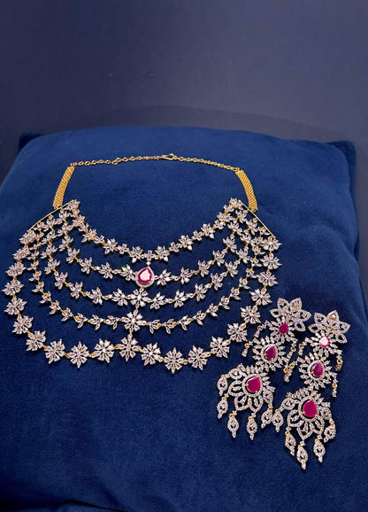 5 Layer Red Diamond Heavy Necklace with Earrings (GJ Polish)