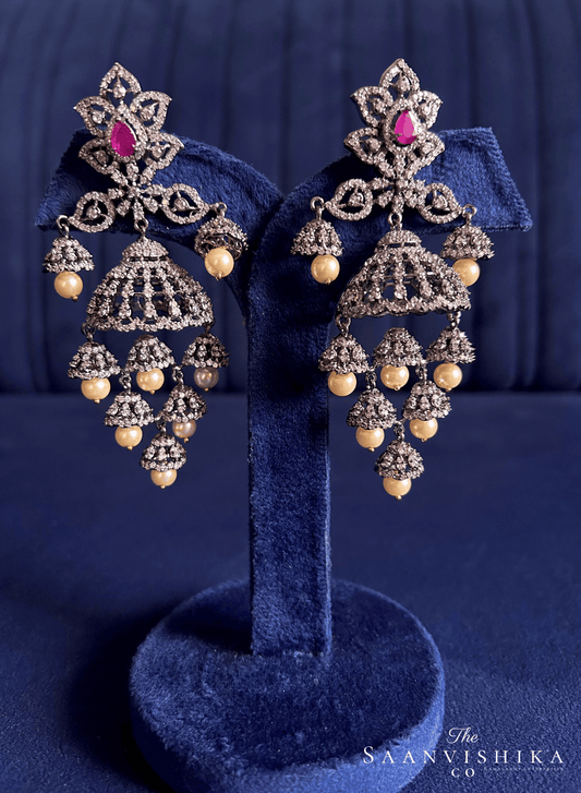 Black Victorian Bridal Pearl Jhumka (Red)