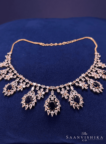 Hexagonal Gem Diamond Necklace with Earrings Black with Earrings