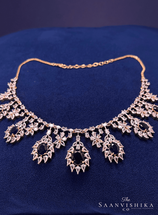 Hexagonal Gem Diamond Necklace with Earrings Black with Earrings