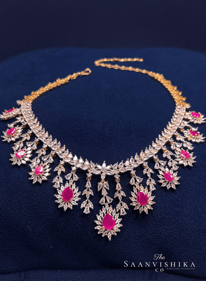 Modern Droplet Diamond Necklace with Earrings Red