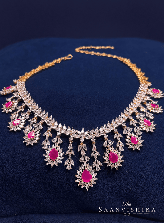 Modern Droplet Diamond Necklace with Earrings Red