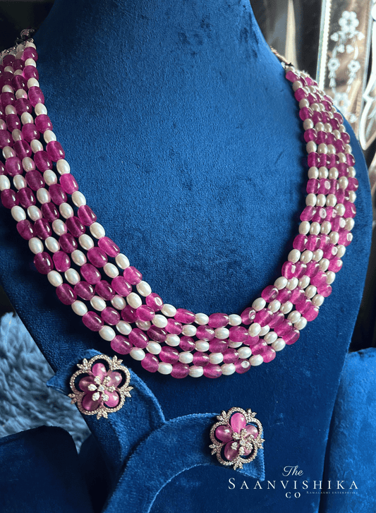 5 Line Beaded Mala (Pink and white) with Floral studs