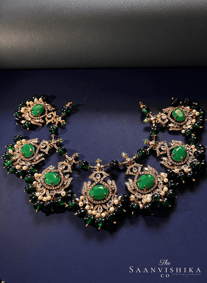 Grand Victorian Beads Necklace and Earrings Dark Green