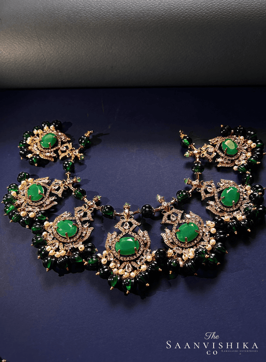 Grand Victorian Beads Necklace and Earrings Dark Green