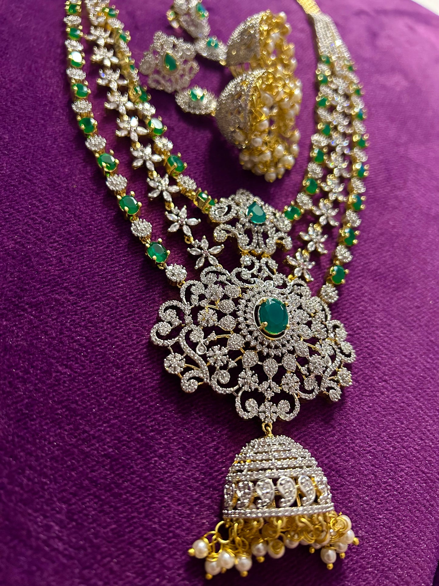 Jhumki Flower Pendant Grand Diamond Necklace with Earrings Green