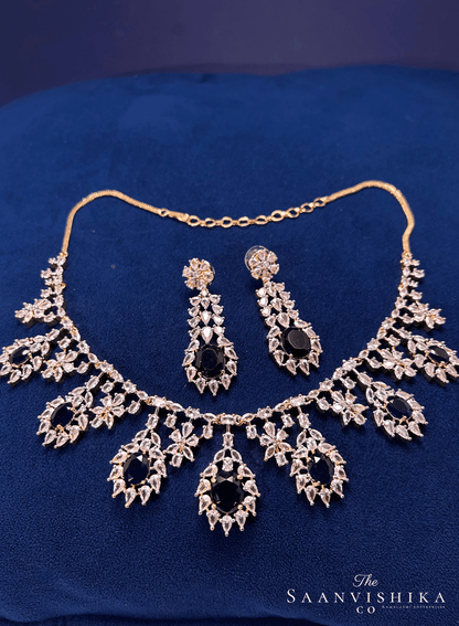 Hexagonal Gem Diamond Necklace with Earrings Black with Earrings