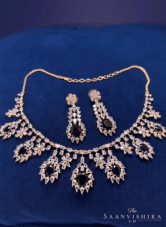 Hexagonal Gem Diamond Necklace with Earrings Black with Earrings