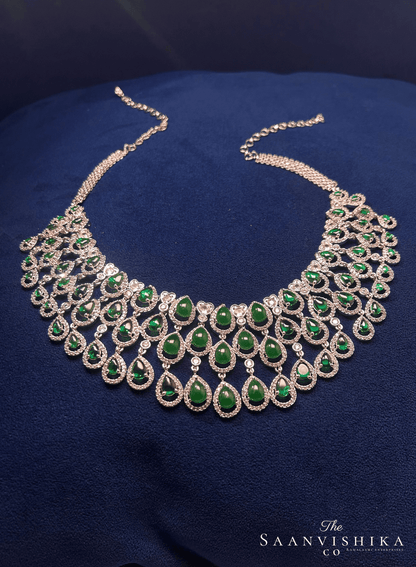 3 Layer Droplet Necklace with Earrings Green