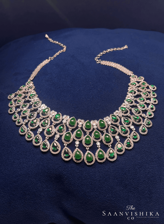 3 Layer Droplet Necklace with Earrings Green