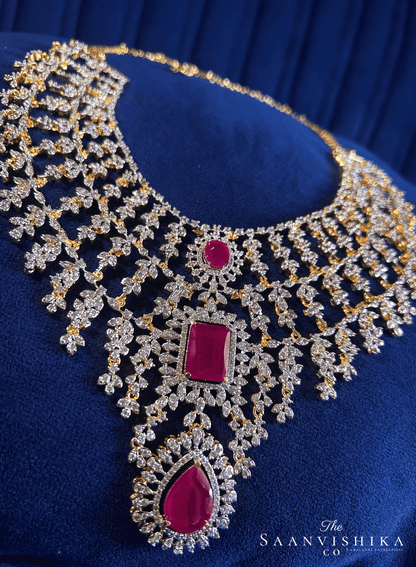 Bridal Triple Gemstone CZ Diamond Necklace Set (Red)