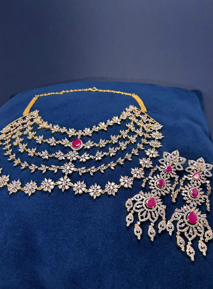 5 Layer Red Diamond Heavy Necklace with Earrings (GJ Polish)