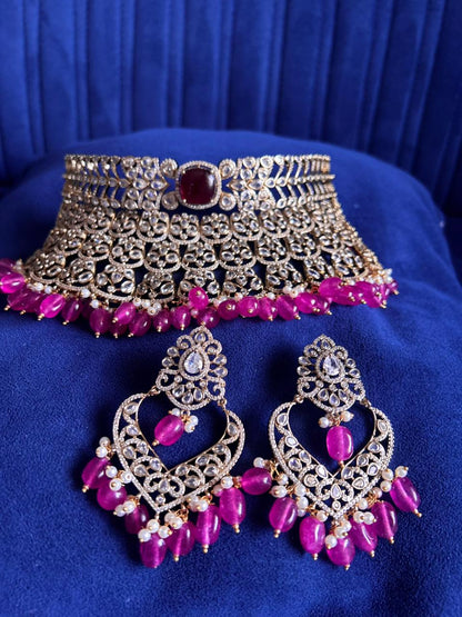 Victorian CZ Diamond Choker with Chandbali (Pink Beads)